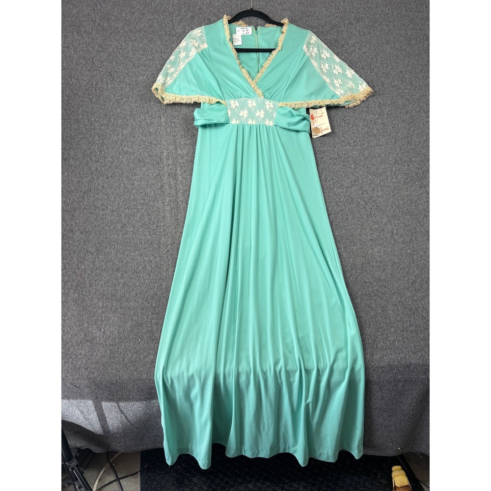 Vintage Made in California Turquoise Lace Trim Flutter Sleeve Maxi Dress NWT 10